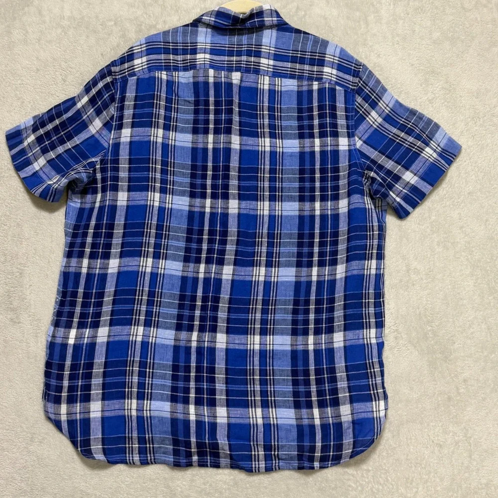 Polo Ralph Lauren Button Down Shirt Mens Medium Blue Plaid Linen Classic Fit